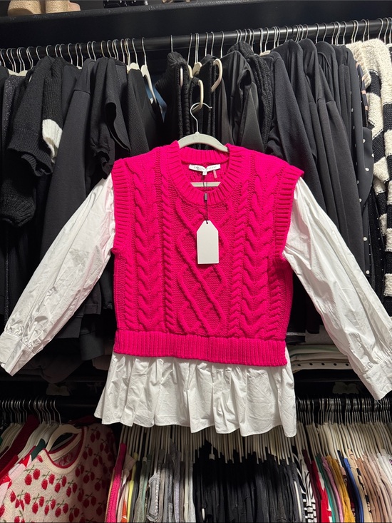 English Factory Tops - English Factory Hot Pink Cable Knit Vest with White Shirt Layer